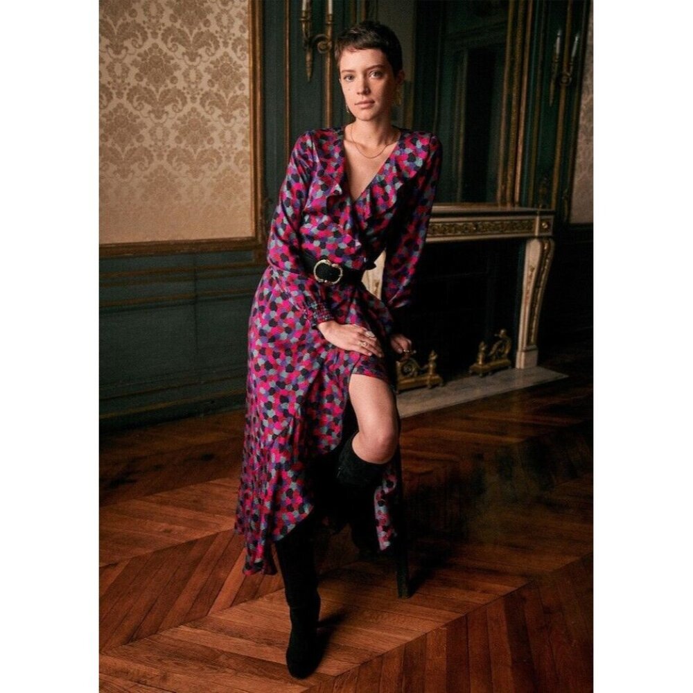 Sezane Asia Silk Wrap‎ Ruffle Midi Maxi Long Sleeve Dress in Printed Mosaic Pink